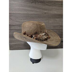 Vintage YA Longhorn Ranch Western Cowboy Mens Hat Size 7”-7 1-8” Tan Feathers